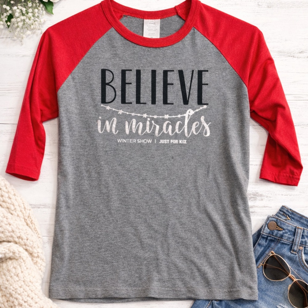Believe in Miracles Red & Gray Raglan Tee Youth Medium Just For Kix